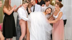 The bride in a white dress is not against bright sex in public